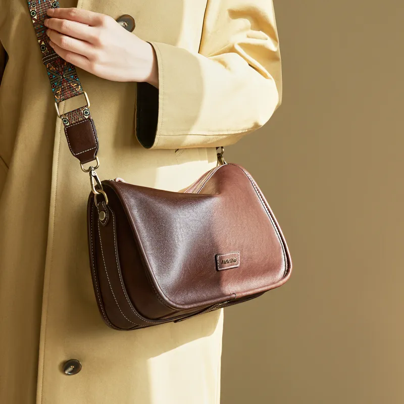 AOKANG Cow Leather Pillow Bag, Shoulder Bag, Crossbody Bag Medium Size Women's Cocoa Coffee/Gold Brown/Vintage Black-3