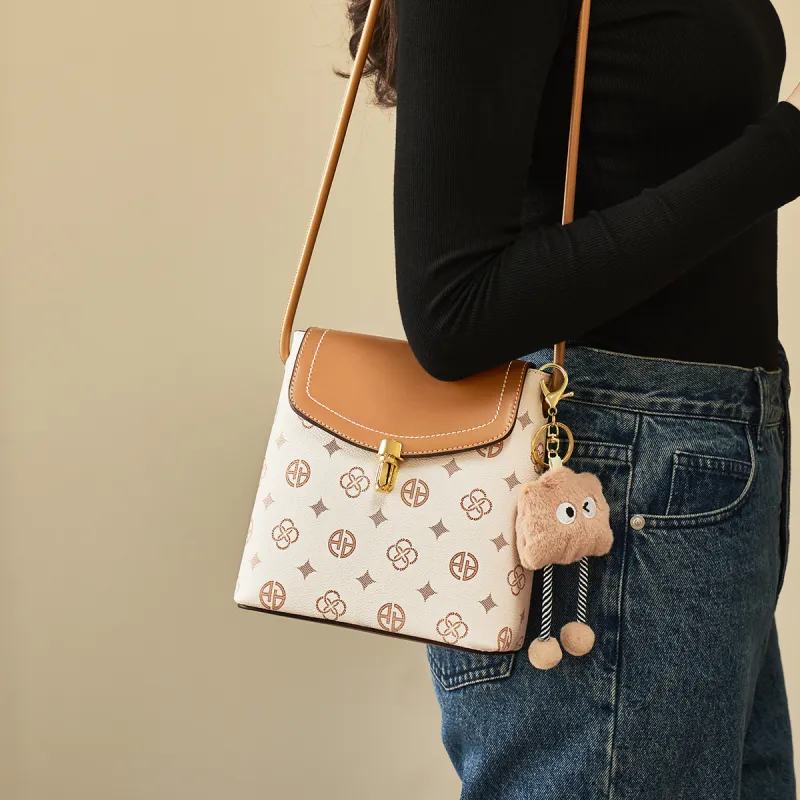 AOKANG PVC Bucket Bag, Shoulder Bag, Crossbody Bag, Monogram Bag Small Size Women's Coffee/Ecru-7