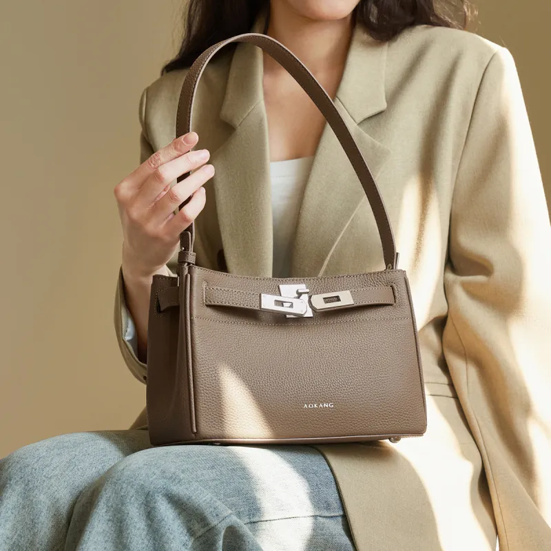 AOKANG Cow Leather Kelly Bag Shoulder Bag Medium Size Women's Elephant Gray/Classic Black-4