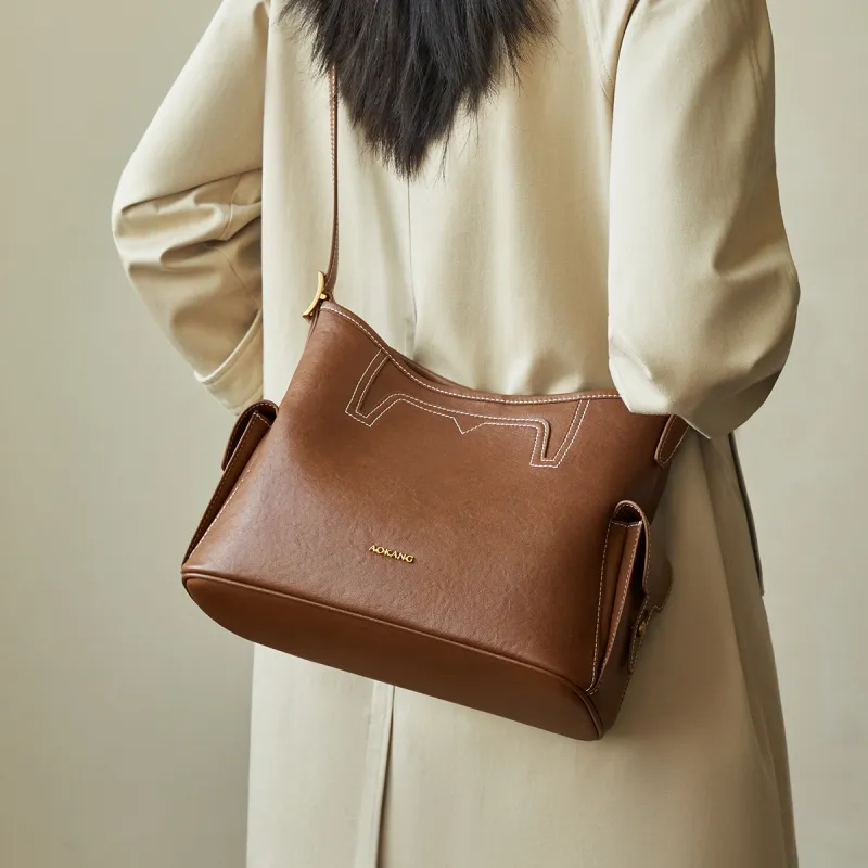 AOKANG Top Grain Cow Leather Tote Shoulder Bag Hobo Crossbody Bag Large Size Women's Sandalwood Brown/Smoke Ink Black-3