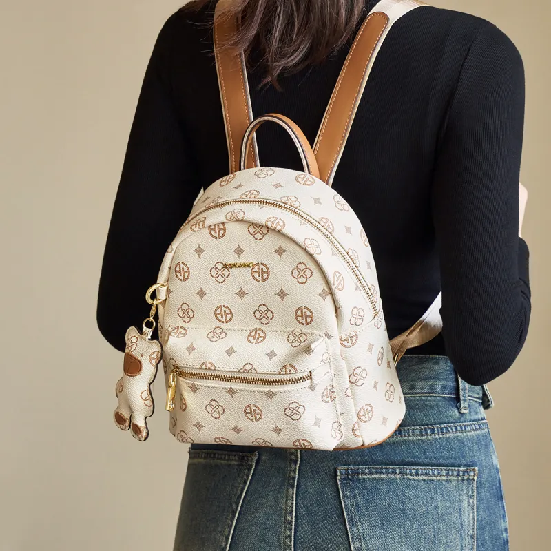 AOKANG PVC Backpack, Shoulder Bag, Travel Bag, Handbag Small Size Women's Coffee/Ecru-6