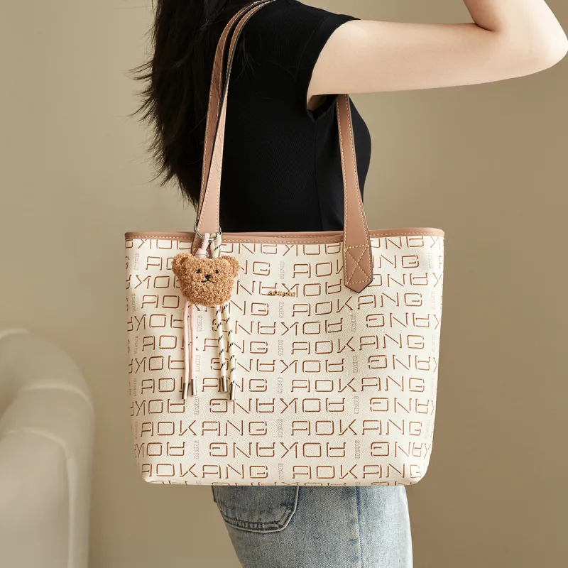 AOKANG PVC With Synthetic Leather Tote Bag, Shopping Bag, Shoulder Bag Tubas Women's Coffee/Ecru-8