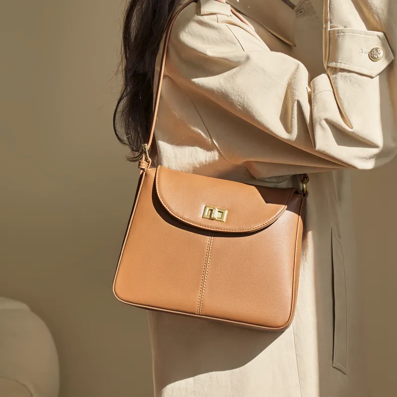 AOKANG Cow Leather Small Square Bag, Shoulder Bag, Crossbody Bag Regular Women's Coffee/Ecru/Gold Brown-12