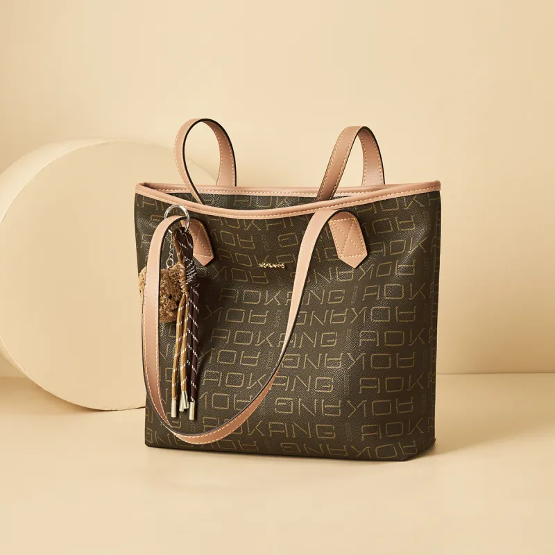 AOKANG PVC With Synthetic Leather Tote Bag, Shopping Bag, Shoulder Bag Tubas Women's Coffee/Ecru-4
