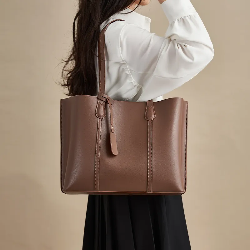 AOKANG Cow Leather Tote Bag, Shoulder Bag, Handbag, Schooling Bag Large Size Women's Coffee-3