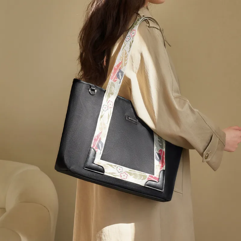 AOKANG Fabric Tote Bag, Shoulder Bag, Shopping Bag Large Size Women's Classic Black/Khaki-3