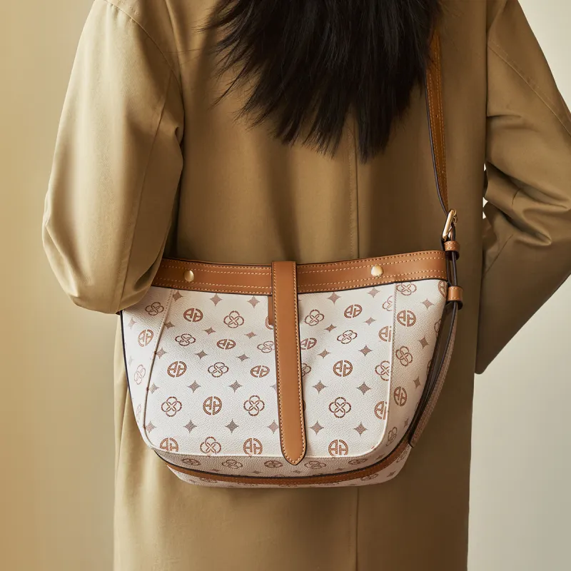 AOKANG PVC With Synthetic Leather Crossbody Bag, Shoulder Bag Medium Size Women's Coffee/Ecru-7