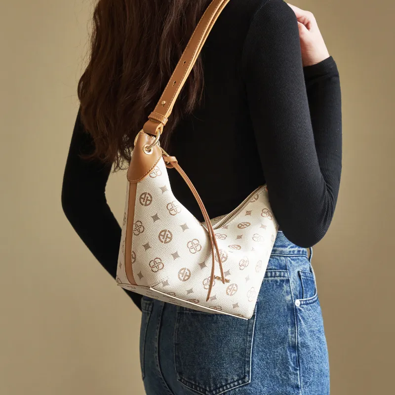 AOKANG PVC Shoulder Bag, Croissant Bag, Shoulder Bag Mini Women's Coffee/Ecru-7