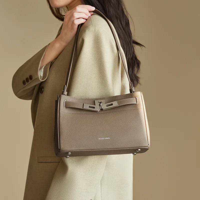 AOKANG Cow Leather Kelly Bag Shoulder Bag Medium Size Women's Elephant Gray/Classic Black-3
