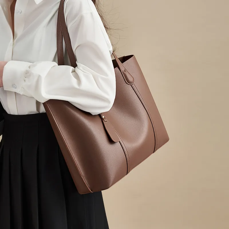AOKANG Cow Leather Tote Bag, Shoulder Bag, Handbag, Schooling Bag Large Size Women's Coffee-2