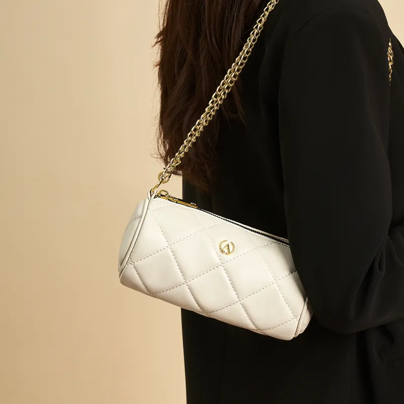 AOKANG Synthetic Leather Cylinder Diamond Pattern Chain Shoulder Bag Women's Classic Black/Ecru-2