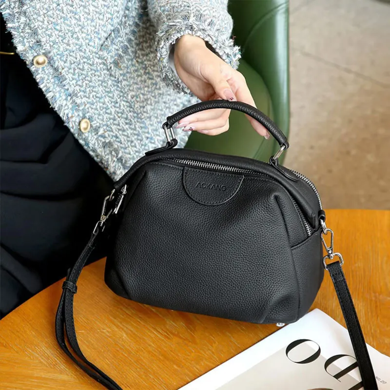 AOKANG Cow Leather With Synthetic Leather Crossbody Bag, Small Square Bag, Handbag Women's Classic Black-3
