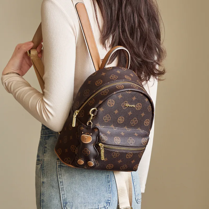 AOKANG PVC Backpack, Shoulder Bag, Travel Bag, Handbag Small Size Women's Coffee/Ecru-1