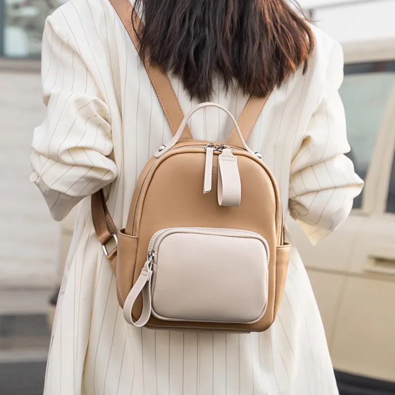 AOKANG Cow Leather With Synthetic Leather Backpack Medium Size Women's Beige Apricot/Coffee & White/Classic Black-1