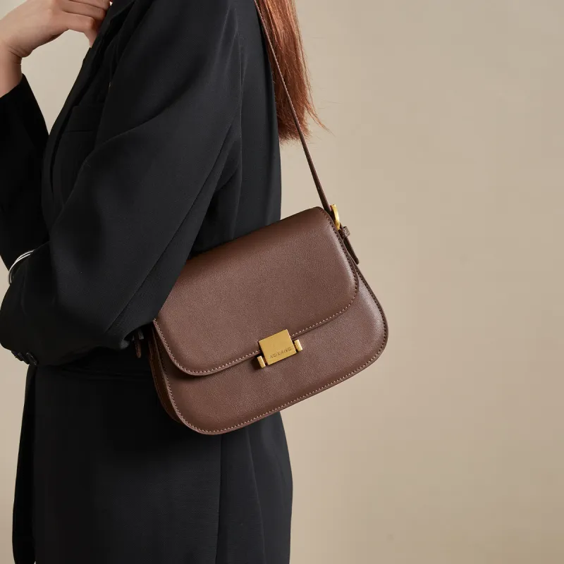AOKANG Cow Leather Tofu Bag, Shoulder Bag, Crossbody Bag, Small Square Bag Regular Women's Cocoa Coffee/Ecru-2