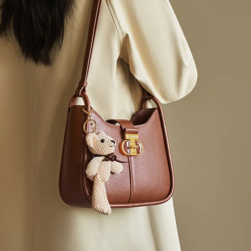 AOKANG Cow Leather Shoulder Bag Saddle Bag Shoulder Bag Medium Size Women's Off-White/Caramel Brown/Classic Black-7