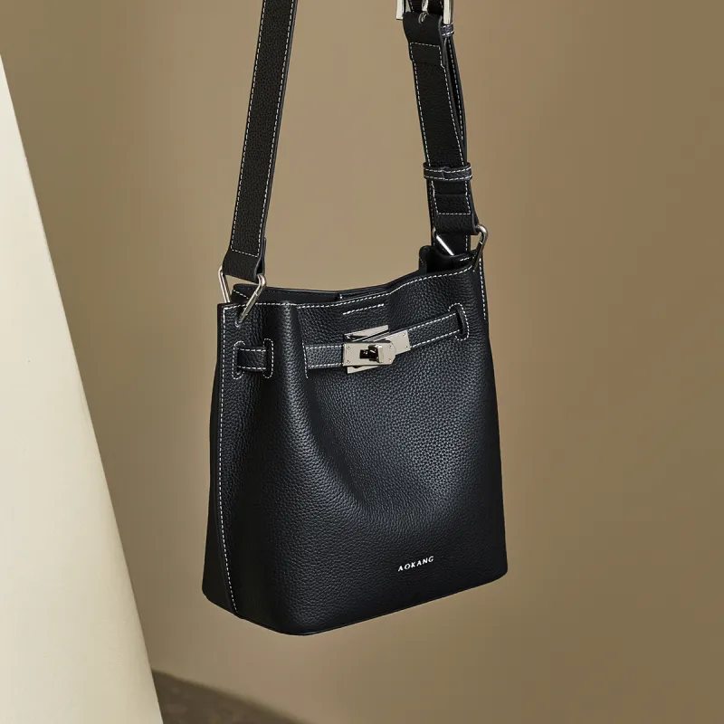 AOKANG Top Grain Cow Leather Bucket Bag Shoulder Bag Crossbody Bag Shoulder Bag Women's Elephant Gray/Classic Black-9