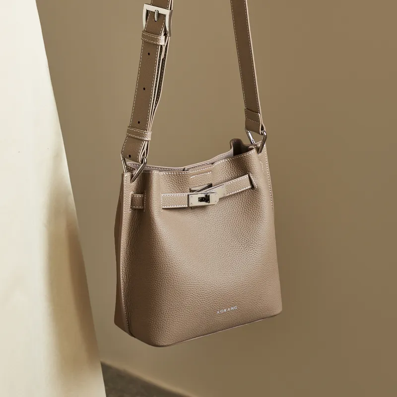 AOKANG Top Grain Cow Leather Bucket Bag Shoulder Bag Crossbody Bag Shoulder Bag Women's Elephant Gray/Classic Black-4