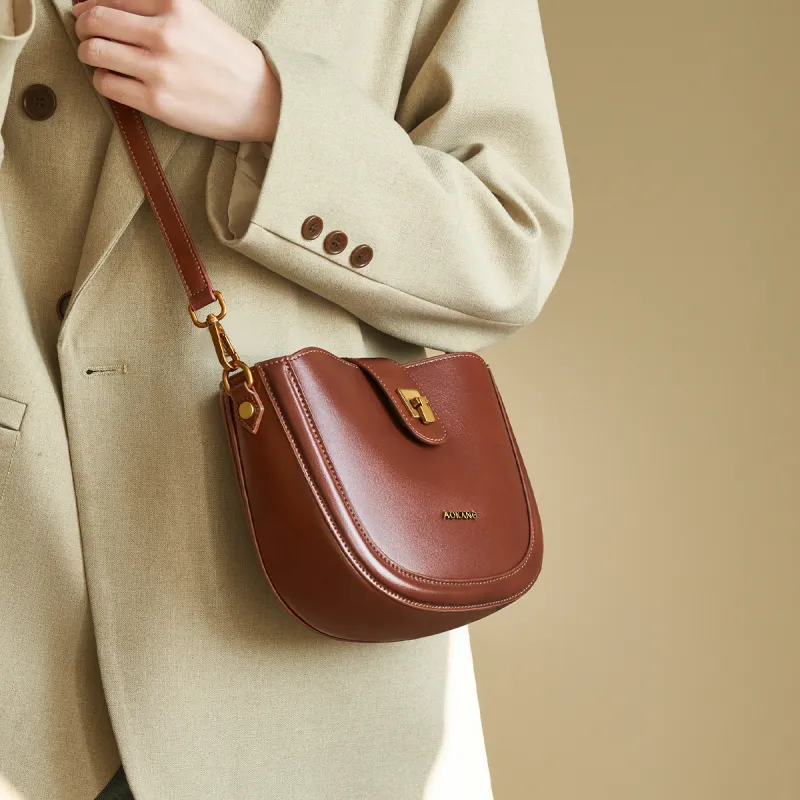 AOKANG Cow Leather Saddle Bags Shoulder Bags Mini Women's Caramel Brown/Classic Black/Ecru-1