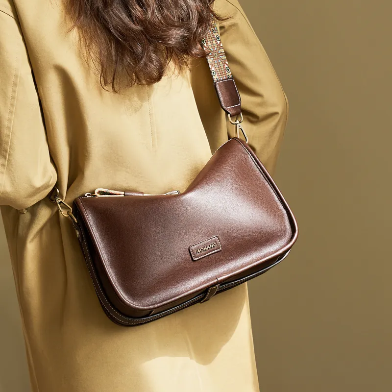 AOKANG Cow Leather Pillow Bag, Shoulder Bag, Crossbody Bag Medium Size Women's Cocoa Coffee/Gold Brown/Vintage Black-2
