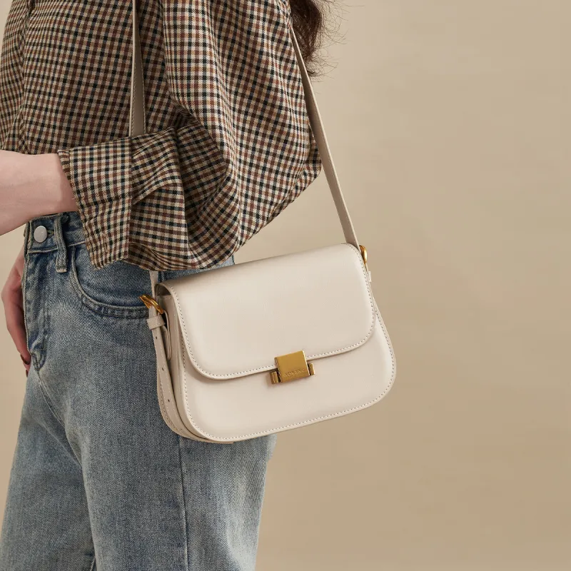 AOKANG Cow Leather Tofu Bag, Shoulder Bag, Crossbody Bag, Small Square Bag Regular Women's Cocoa Coffee/Ecru-9