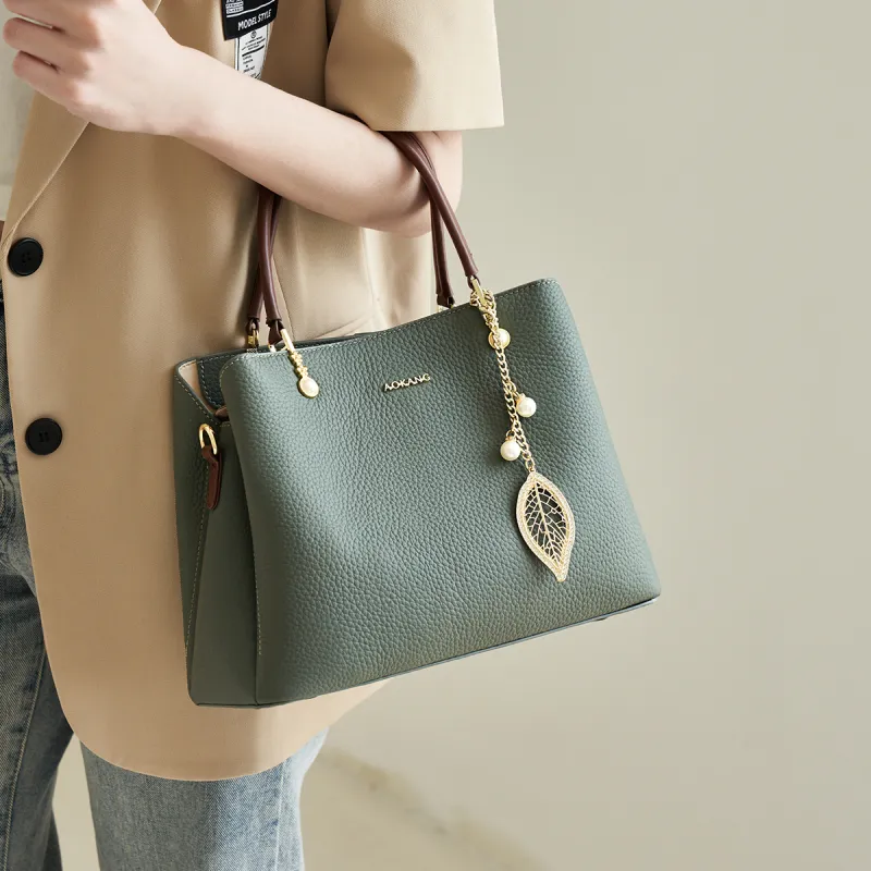 AOKANG Cow Leather Tote Handbag, Shoulder Bag, Crossbody Bag Women's Ecru/Classic Black/Pearl Blue-13
