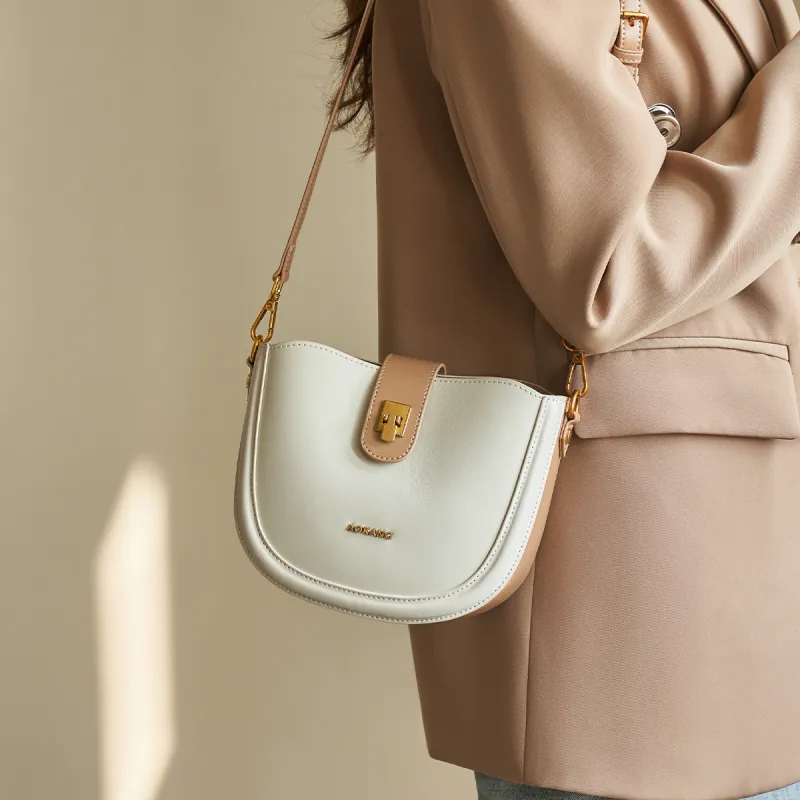 AOKANG Cow Leather Saddle Bags Shoulder Bags Mini Women's Caramel Brown/Classic Black/Ecru-12