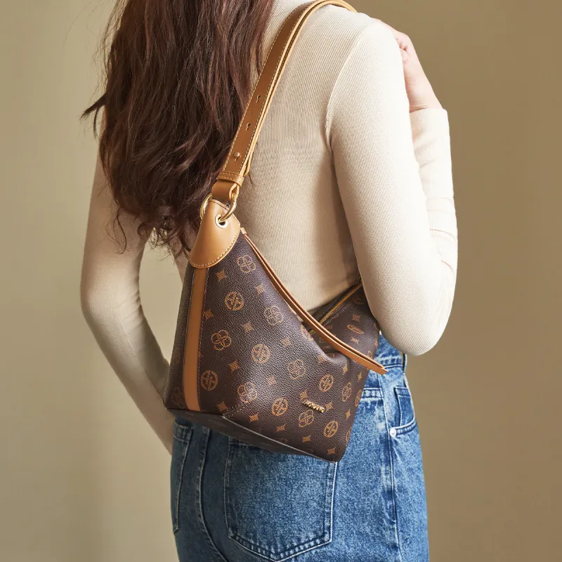 AOKANG PVC Shoulder Bag, Croissant Bag, Shoulder Bag Mini Women's Coffee/Ecru-1