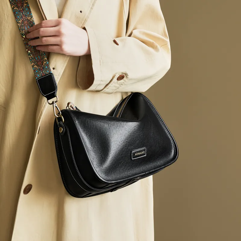 AOKANG Cow Leather Pillow Bag, Shoulder Bag, Crossbody Bag Medium Size Women's Cocoa Coffee/Gold Brown/Vintage Black-10
