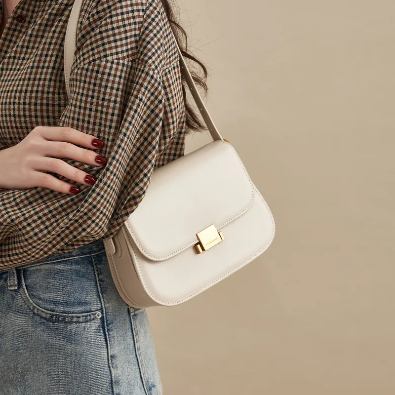 AOKANG Cow Leather Tofu Bag, Shoulder Bag, Crossbody Bag, Small Square Bag Regular Women's Cocoa Coffee/Ecru-7