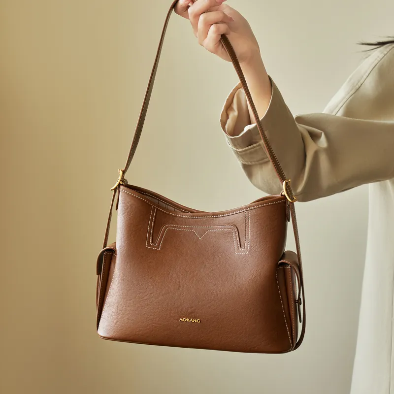 AOKANG Top Grain Cow Leather Tote Shoulder Bag Hobo Crossbody Bag Large Size Women's Sandalwood Brown/Smoke Ink Black-1