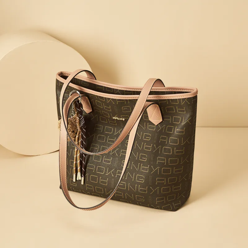 AOKANG PVC With Synthetic Leather Tote Bag, Shopping Bag, Shoulder Bag Tubas Women's Coffee/Ecru-5