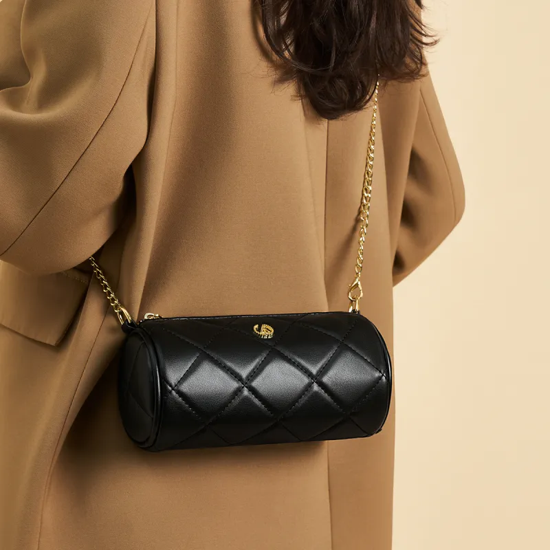 AOKANG Synthetic Leather Cylinder Diamond Pattern Chain Shoulder Bag Women's Classic Black/Ecru-6