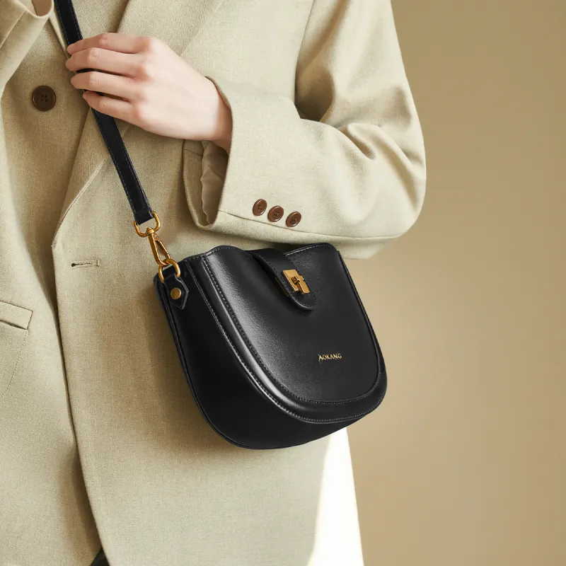 AOKANG Cow Leather Saddle Bags Shoulder Bags Mini Women's Caramel Brown/Classic Black/Ecru-6