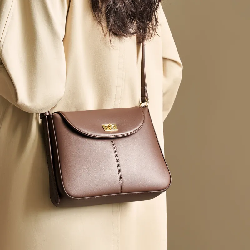 AOKANG Cow Leather Small Square Bag, Shoulder Bag, Crossbody Bag Regular Women's Coffee/Ecru/Gold Brown-4