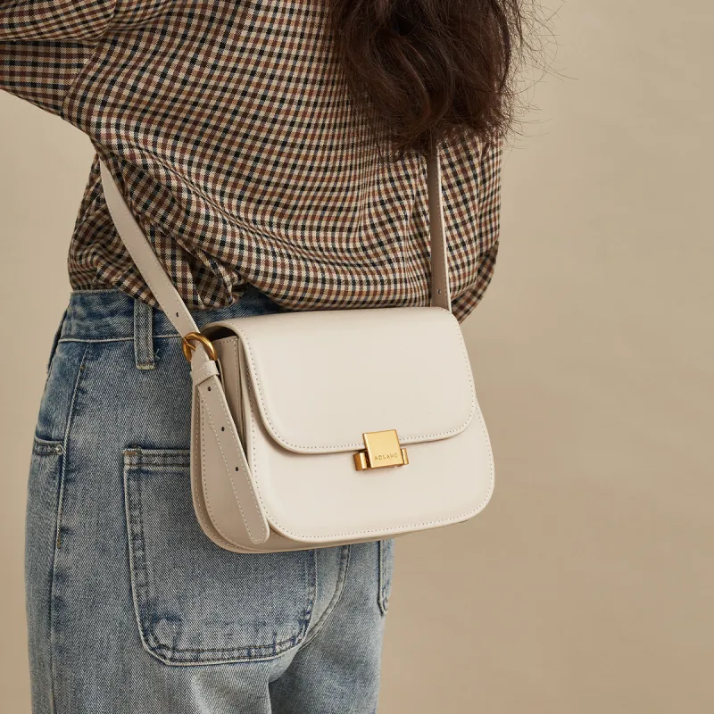 AOKANG Cow Leather Tofu Bag, Shoulder Bag, Crossbody Bag, Small Square Bag Regular Women's Cocoa Coffee/Ecru-8