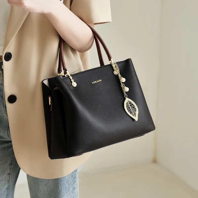 AOKANG Cow Leather Tote Handbag, Shoulder Bag, Crossbody Bag Women's Ecru/Classic Black/Pearl Blue-7