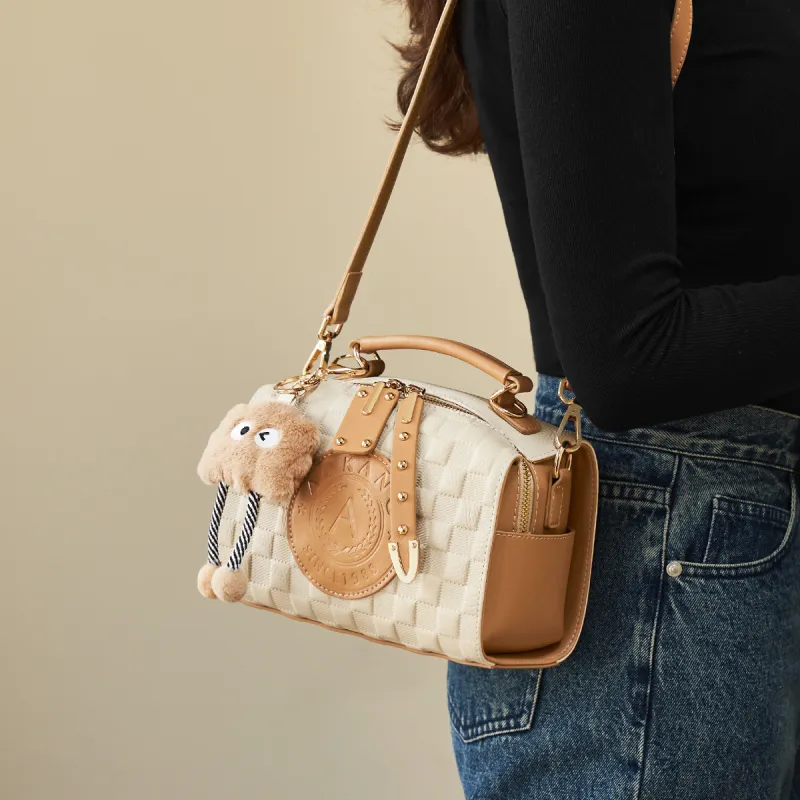 AOKANG Cow Leather Pillow Bag, One Shoulder Handbag Regular Women's Ecru/Elephant Gray-3