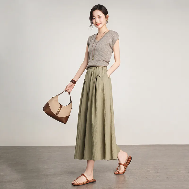 RUMMANDY Casual Long Skirt Women's Olive Green-5