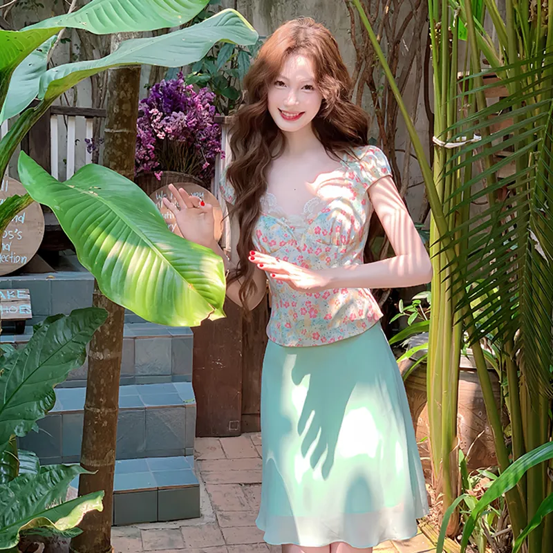 HUINIAN Two Piece Skirt Sets Women's Floral Top+Green Skirt-6