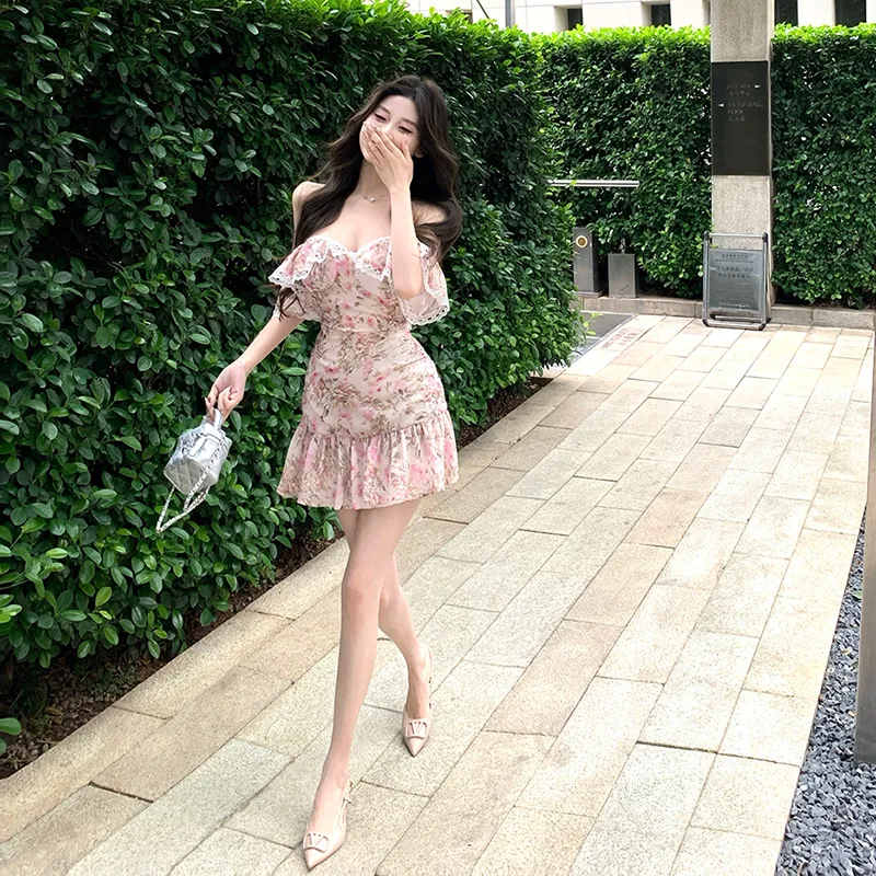 HUINIAN Short Sleeved Dresses Women's Pink Floral Dress-3