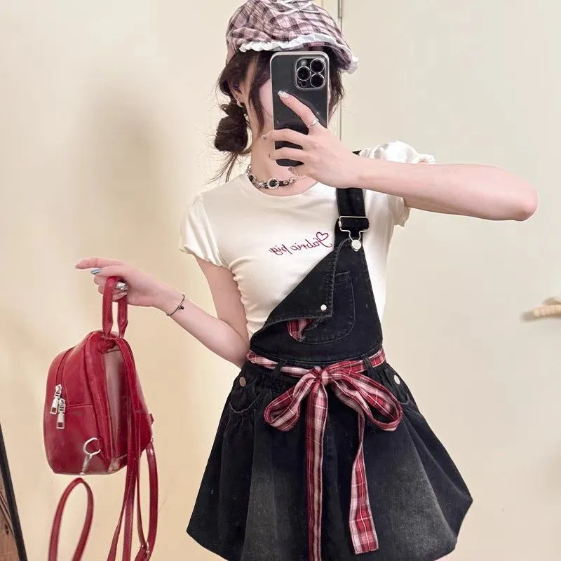 HUINIAN Skirt Set Women's White T Shirt+Black Floral Skirt Set-4