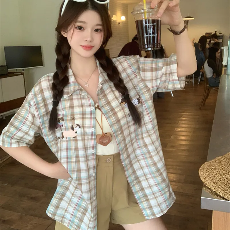 HUINIAN Shirts Women's Green Plaid Shirt-2