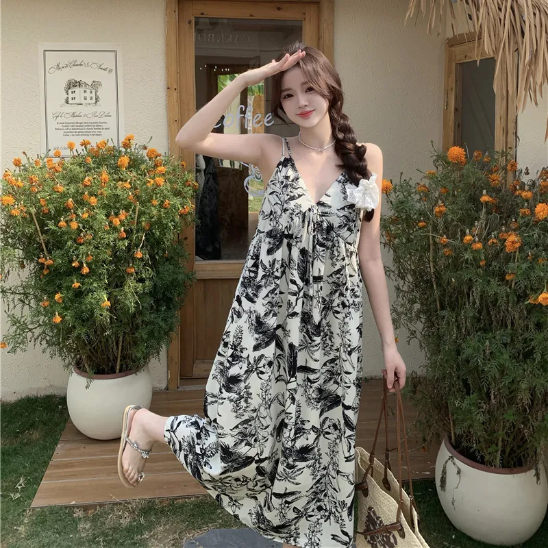 HUINIAN Slip Dresses Women's Ink Wash Painting Floral-3