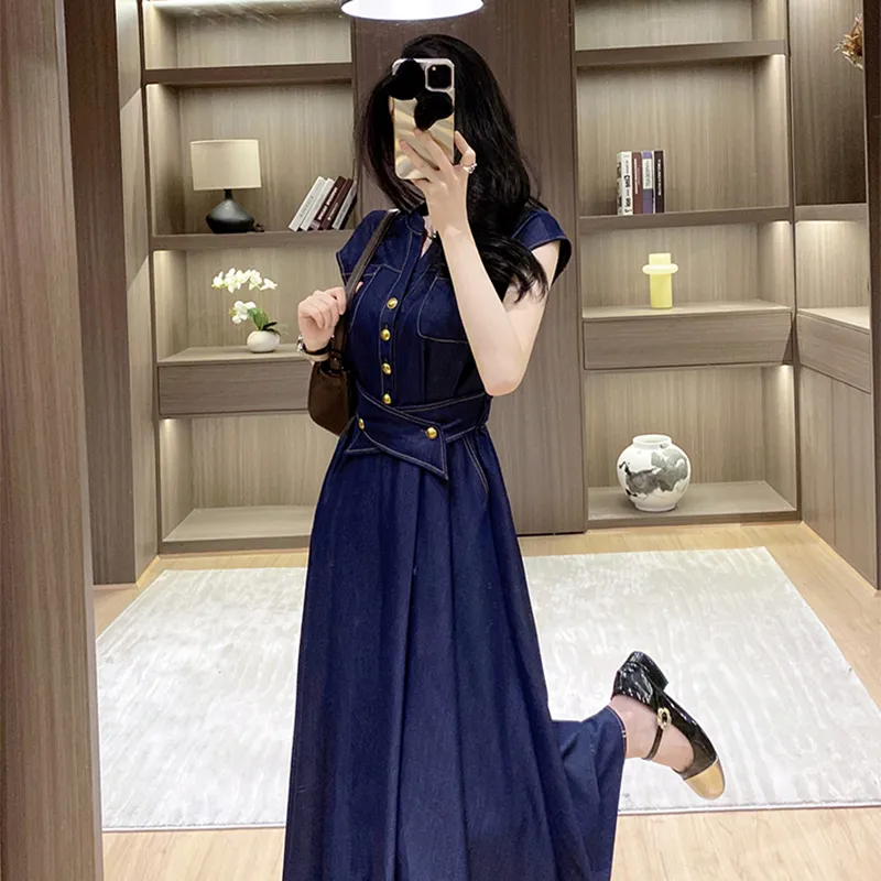 HUINIAN Short Sleeved Dress Women's Blue-5