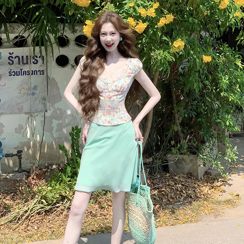 HUINIAN Two Piece Skirt Sets Women's Floral Top+Green Skirt-2