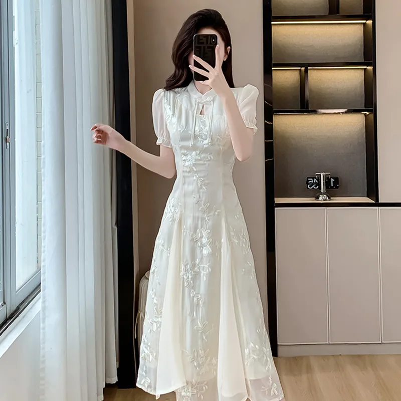 HUINIAN Short Sleeved Dresses Women's Beige New Chinese Style Dress-6