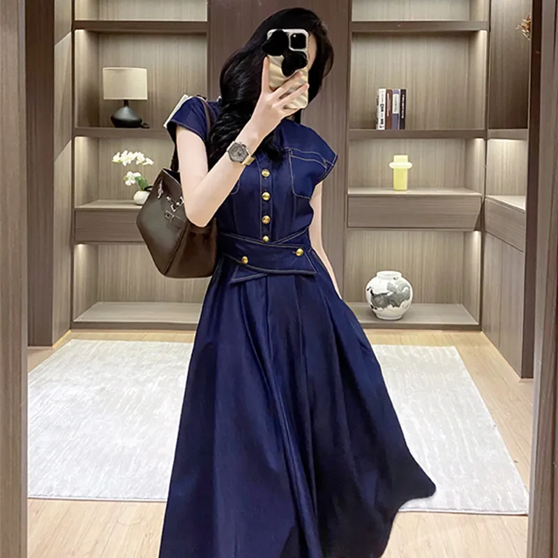 HUINIAN Short Sleeved Dress Women's Blue-4