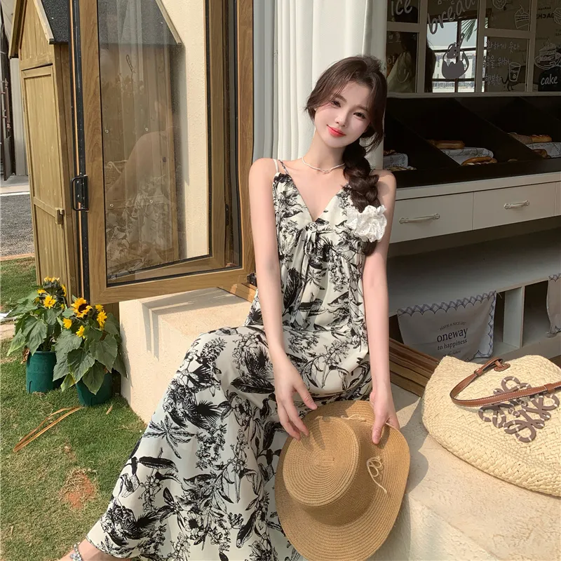 HUINIAN Slip Dresses Women's Ink Wash Painting Floral-5