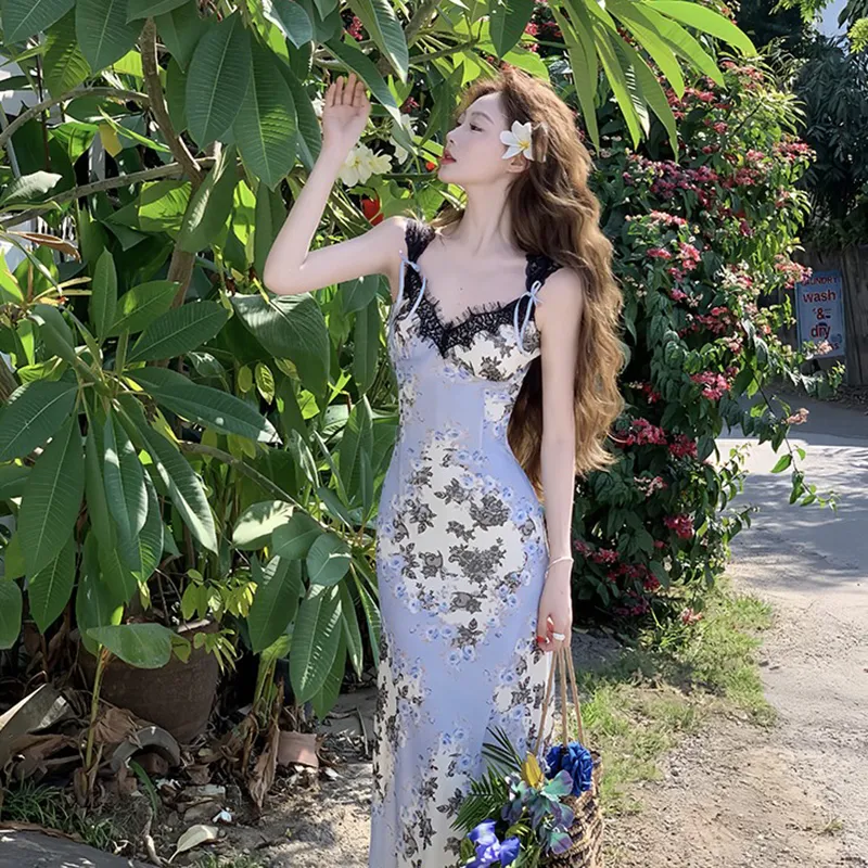 HUINIAN Slip Dress Women's Oil Painting Purple-2